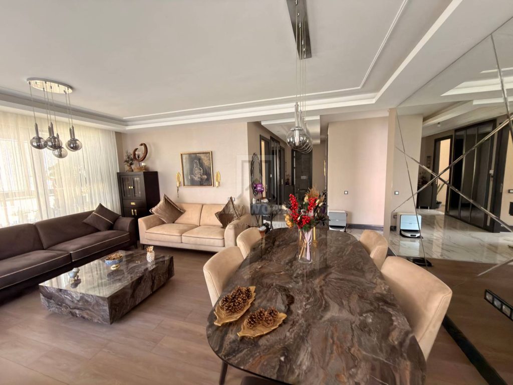 Mermer desenli yemek masası ve salon koltukları